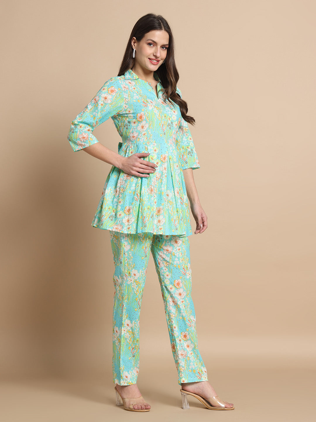 Elegant Mint Green Printed Cotton Co-Ord Set for Women