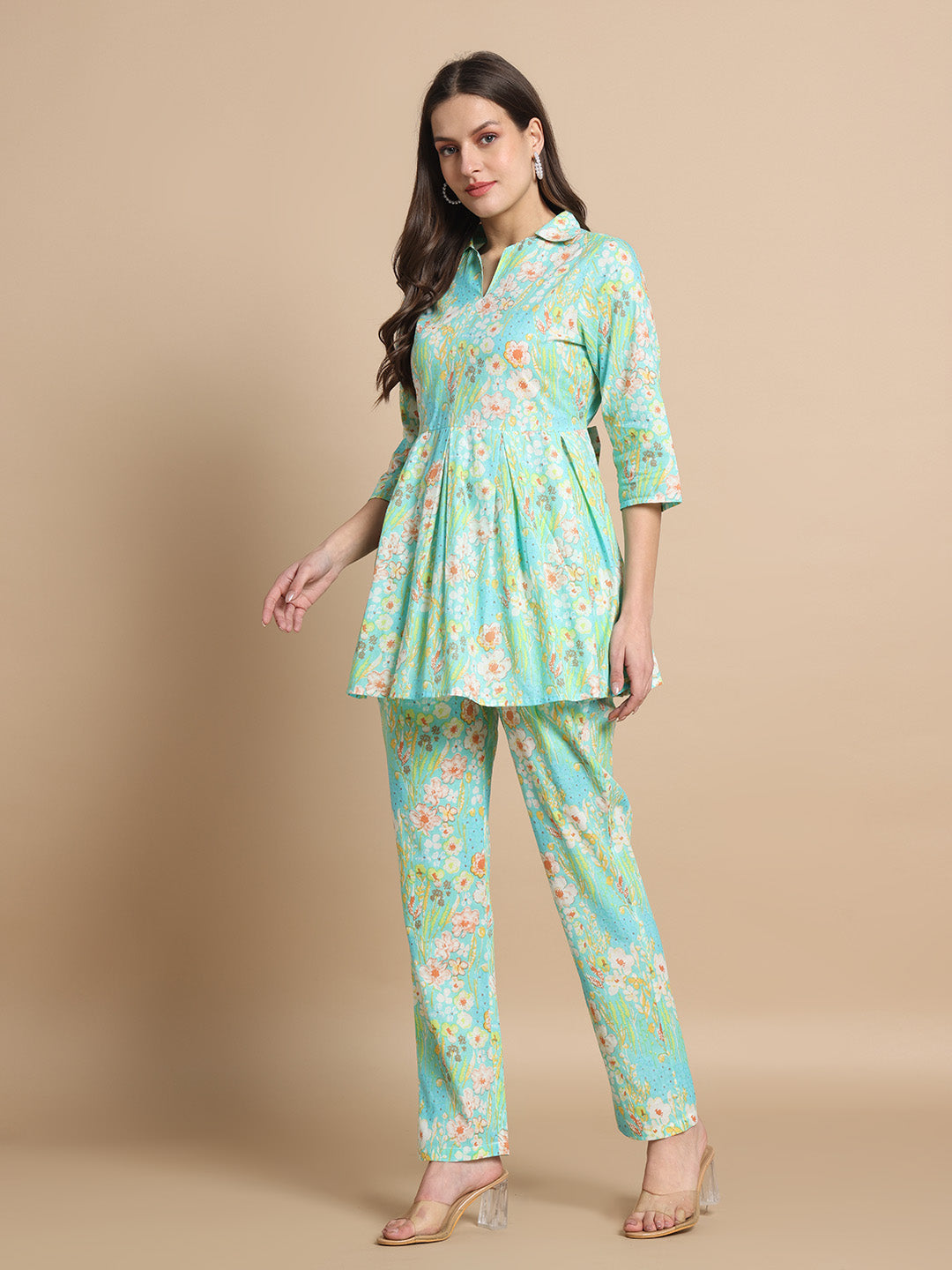 Elegant Mint Green Printed Cotton Co-Ord Set for Women