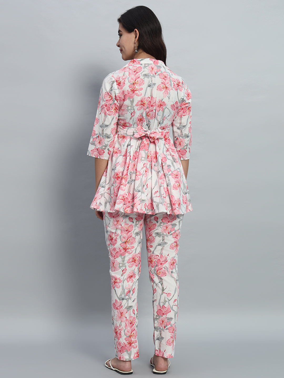 Elegant Floral Printed Cotton Peplum Top & Pant Set