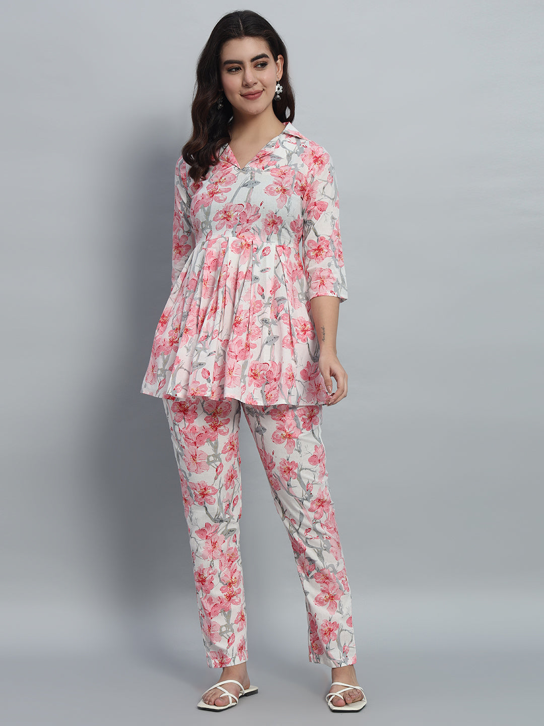 Elegant Floral Printed Cotton Peplum Top & Pant Set