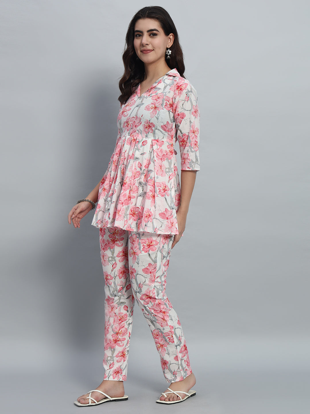 Elegant Floral Printed Cotton Peplum Top & Pant Set