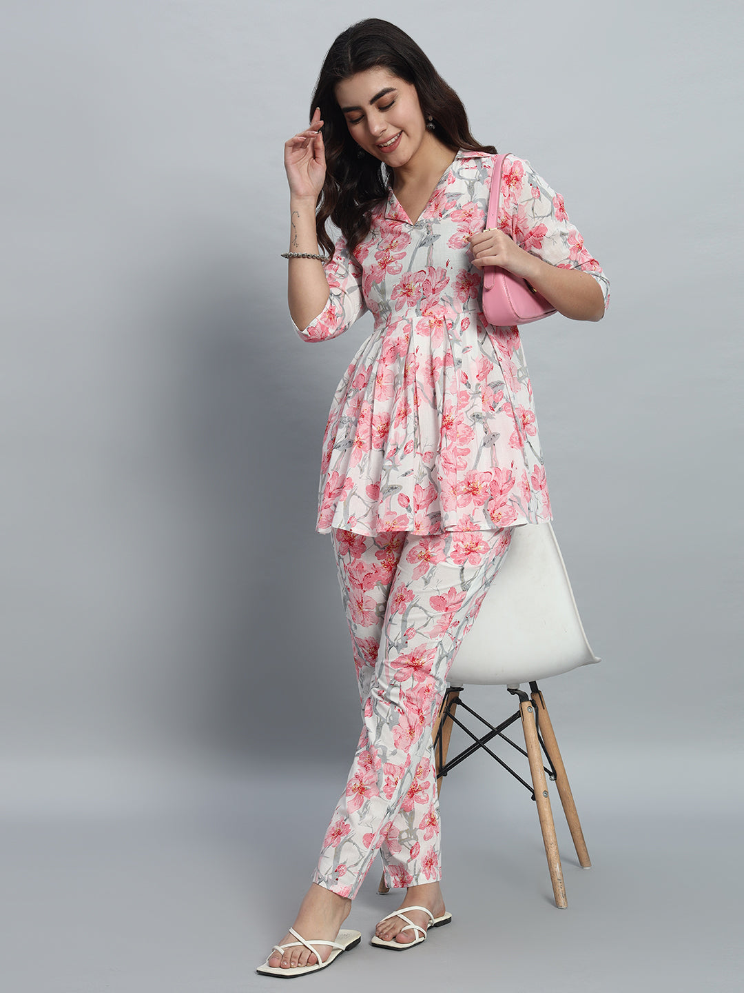Elegant Floral Printed Cotton Peplum Top & Pant Set