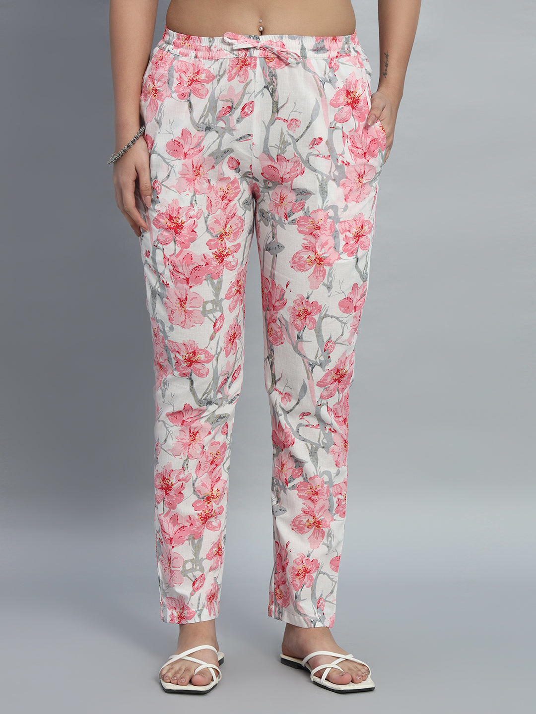 Elegant Floral Printed Cotton Peplum Top & Pant Set