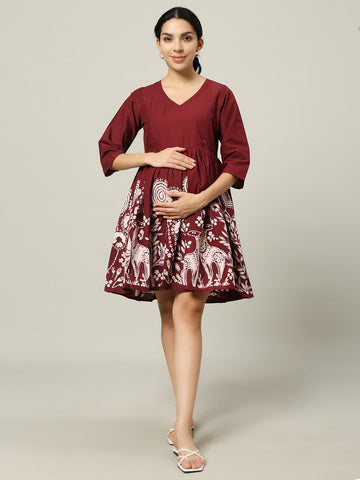 Maroon Printed Maternity Friendly Short Dress for Women