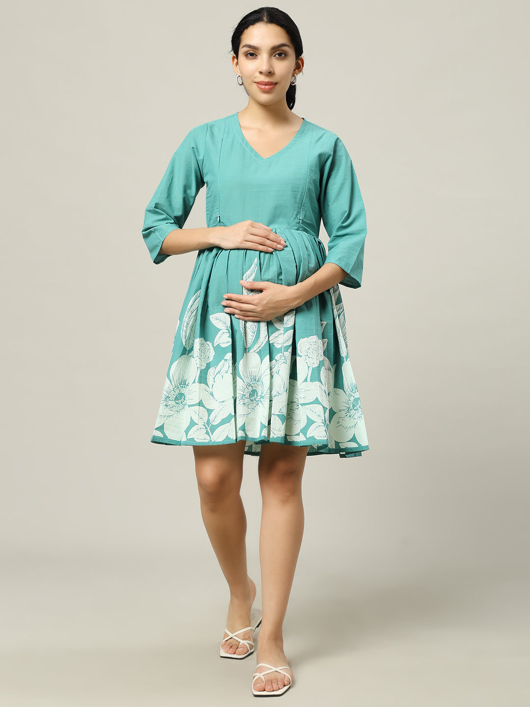Turquoise Printed Maternity Friendly Short Dress Wear