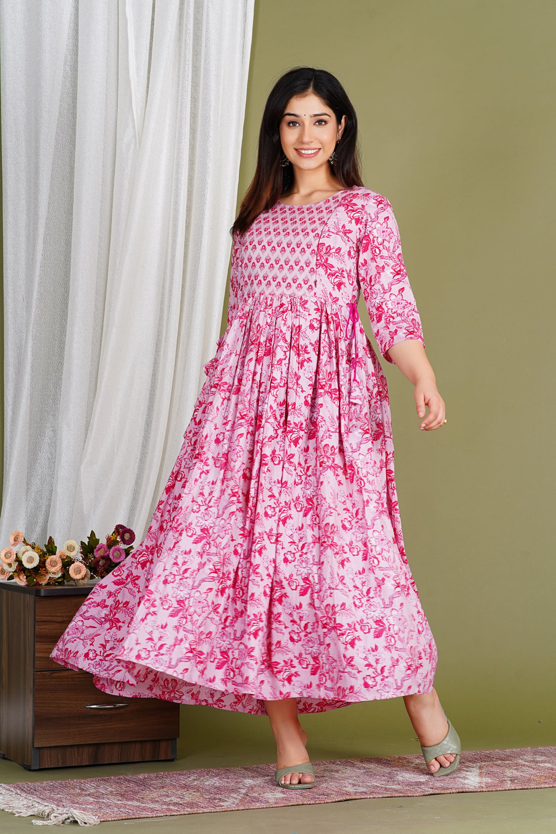 Pink Printed Feeding Friendly Maternity Kurta Style Gujari Jaipur