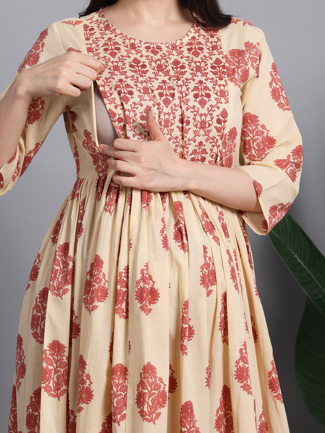 Beige and Maroon Floral Cotton Maternity Maxi Dress