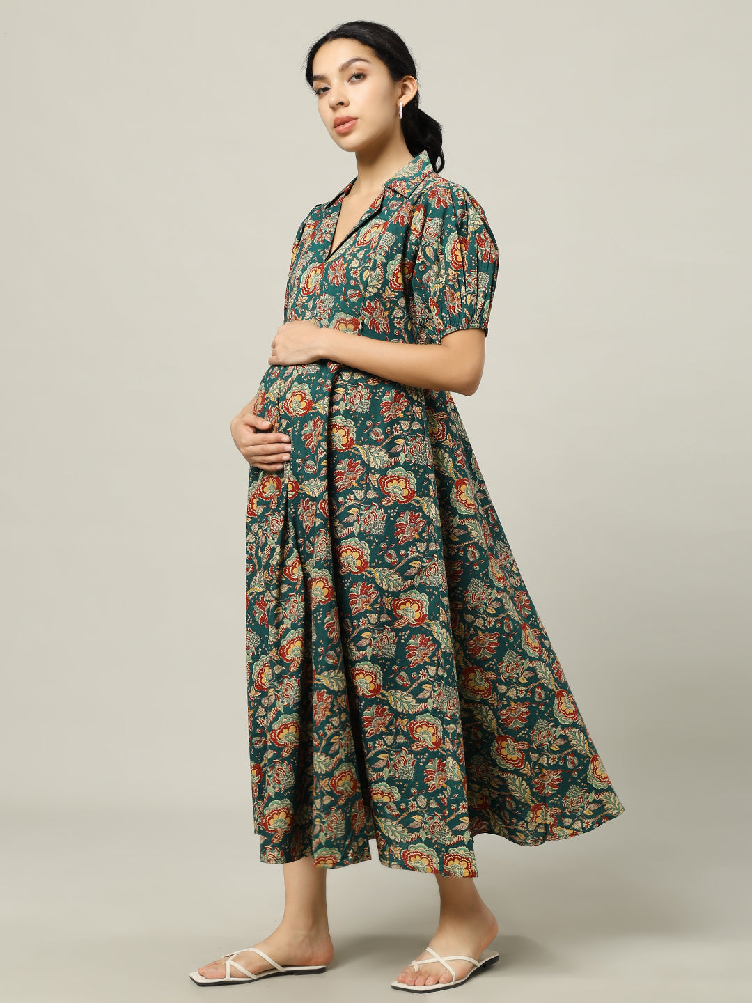 Green Floral Printed Maternity Friendly Midi Dress
