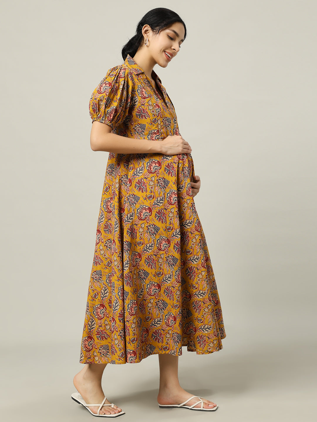 Mustard Floral Printed Maternity Friendly Midi Dress