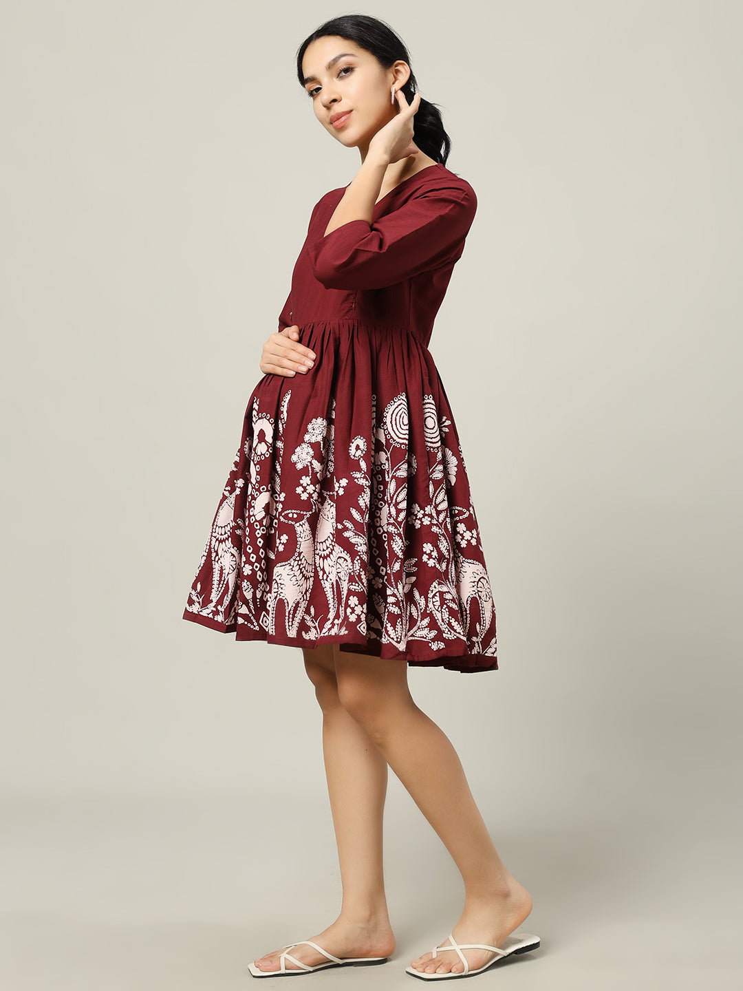 Maroon Printed Maternity Friendly Short Dress for Women