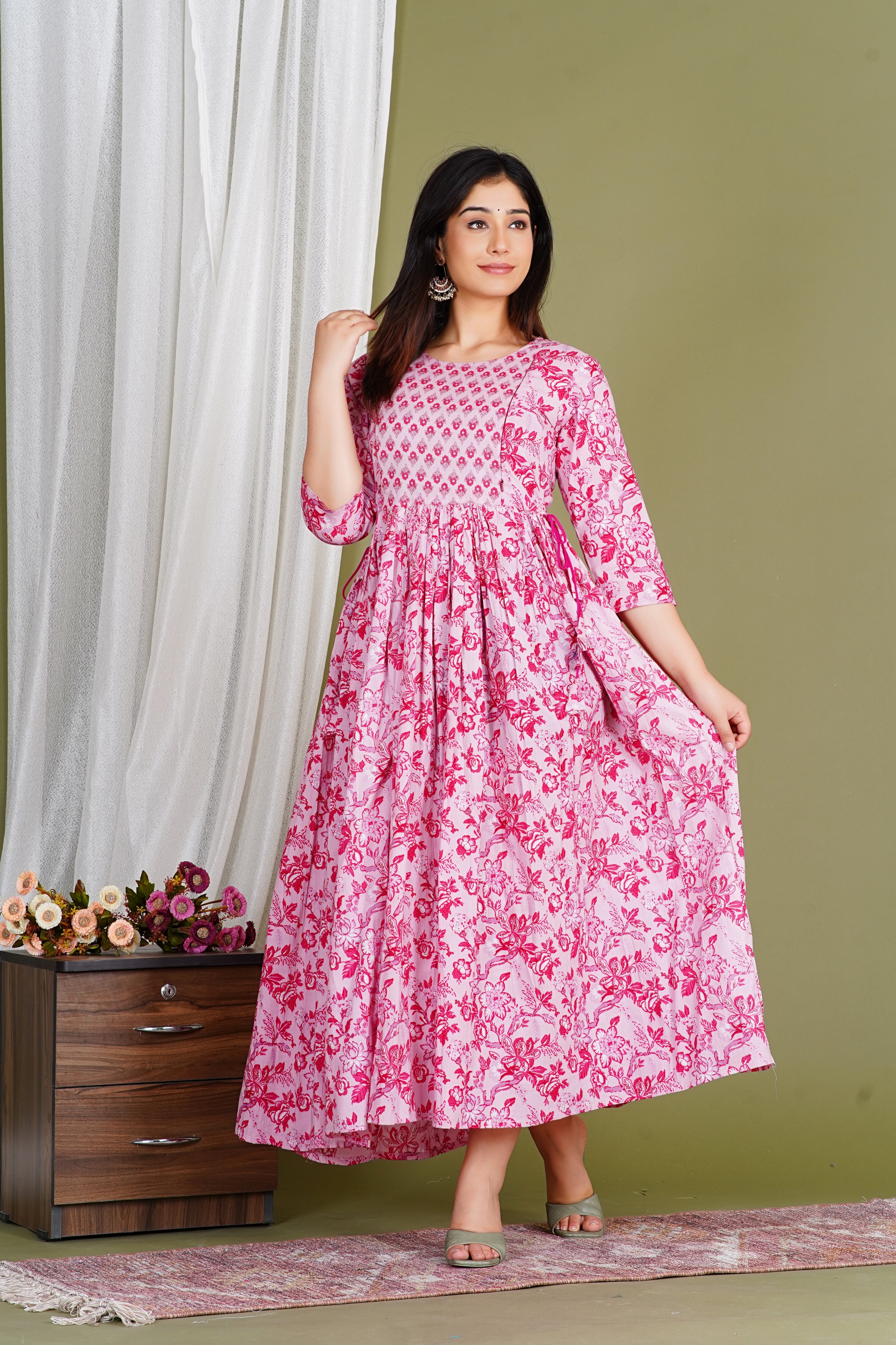 Pink Floral Pure Cotton Maternity & Nursing Dress Wear
