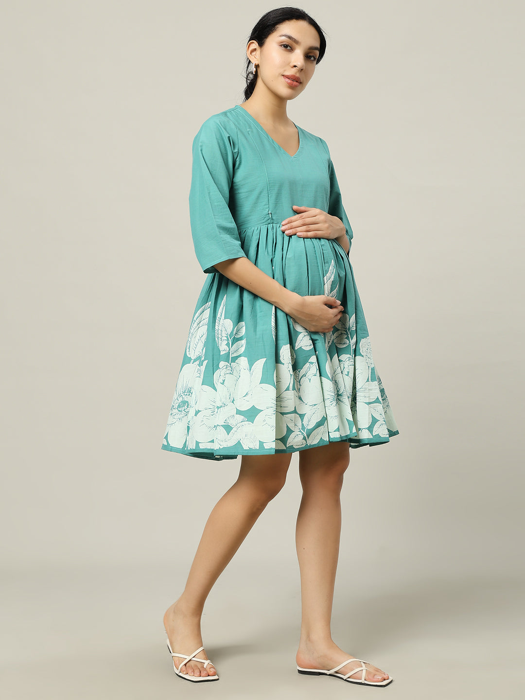 Turquoise Printed Maternity Friendly Short Dress Wear