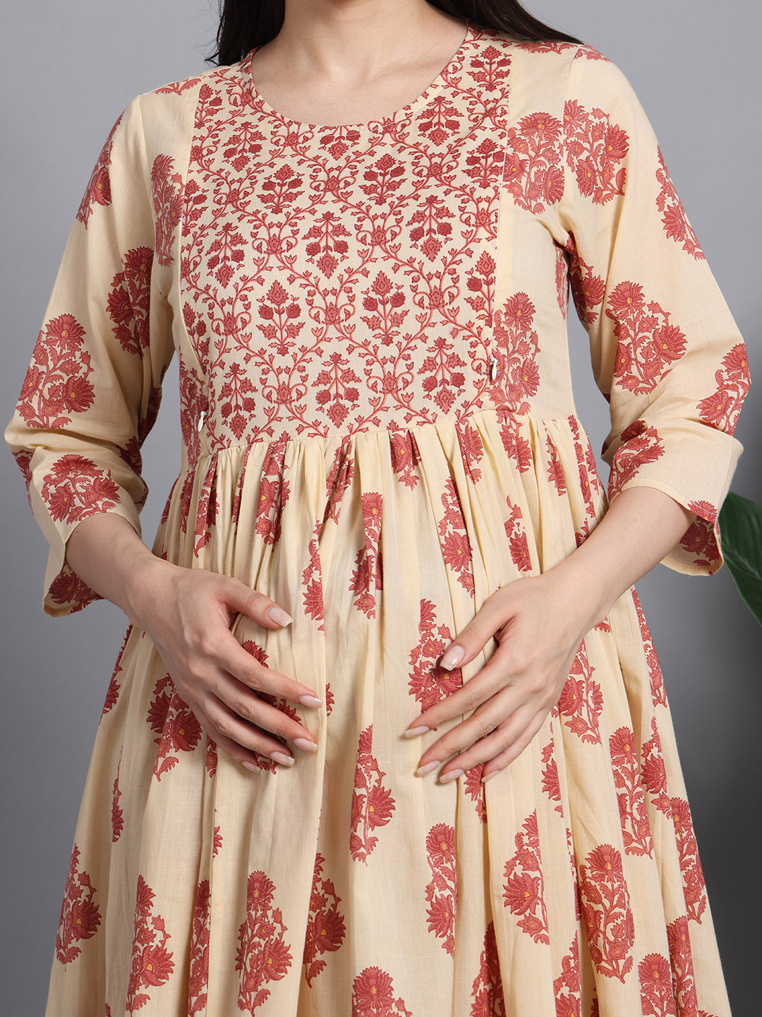 Beige Floral Printed Cotton Feeding Friendly Maternity Kurta