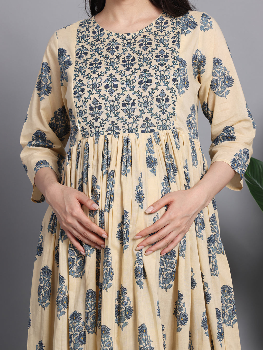 Gujari Jaipur Cream Floral Printed Maternity Kurta
