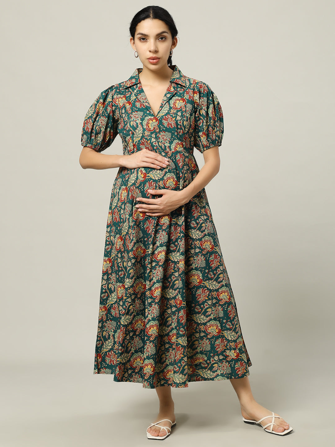 Green Floral Printed Maternity Friendly Midi Dress