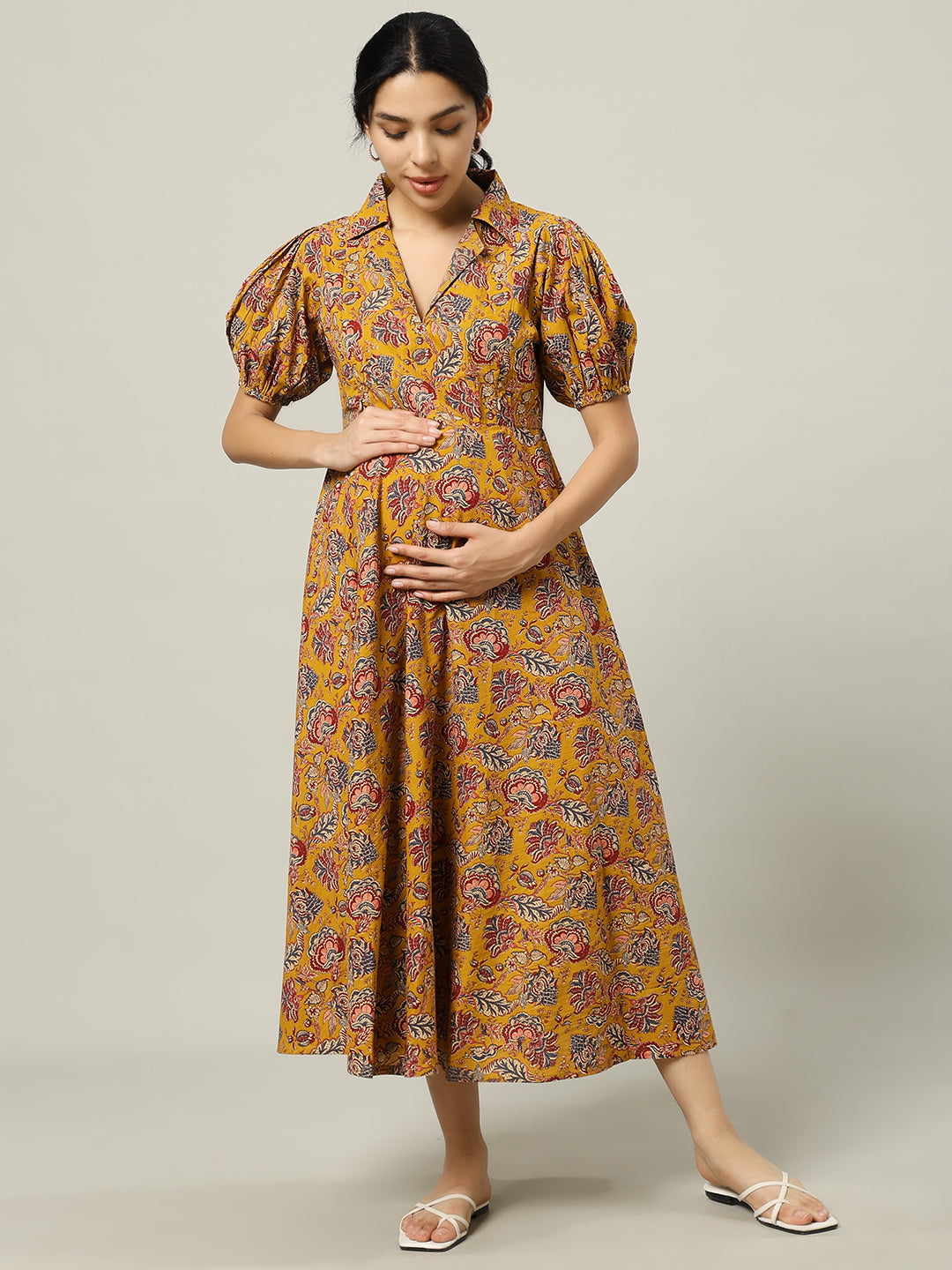 Mustard Floral Printed Maternity Friendly Midi Dress