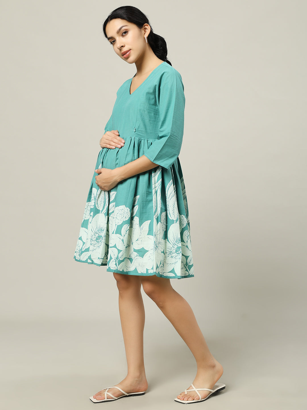 Turquoise Printed Maternity Friendly Short Dress Wear