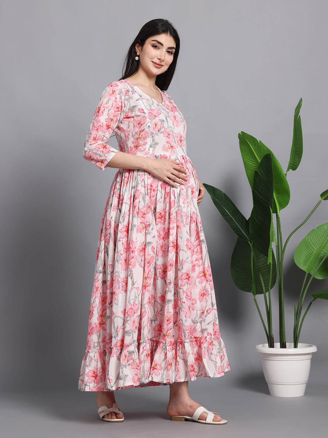 Light Pink Floral Printed Cotton Maternity Kurta for Women