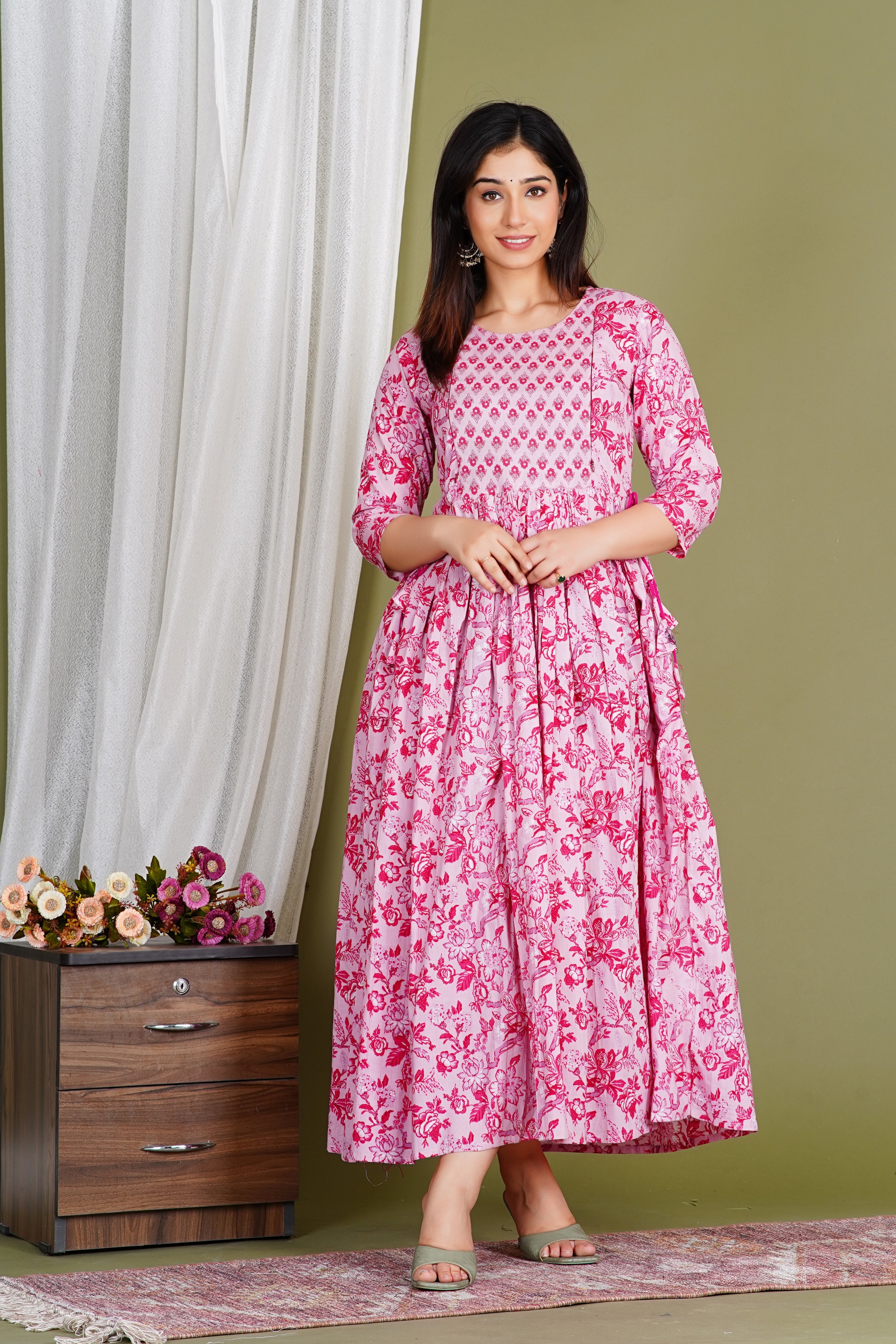 Charming Pink Printed Feeding-Friendly Maternity Kurta with Hidden Zippers