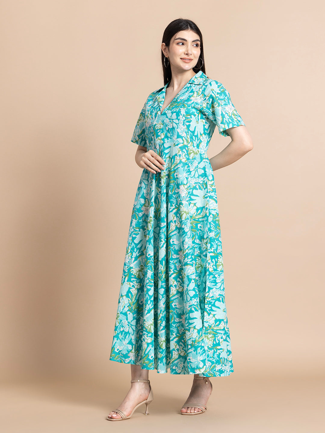 Sea Green Floral Printed Cotton A-Line Midi Dress