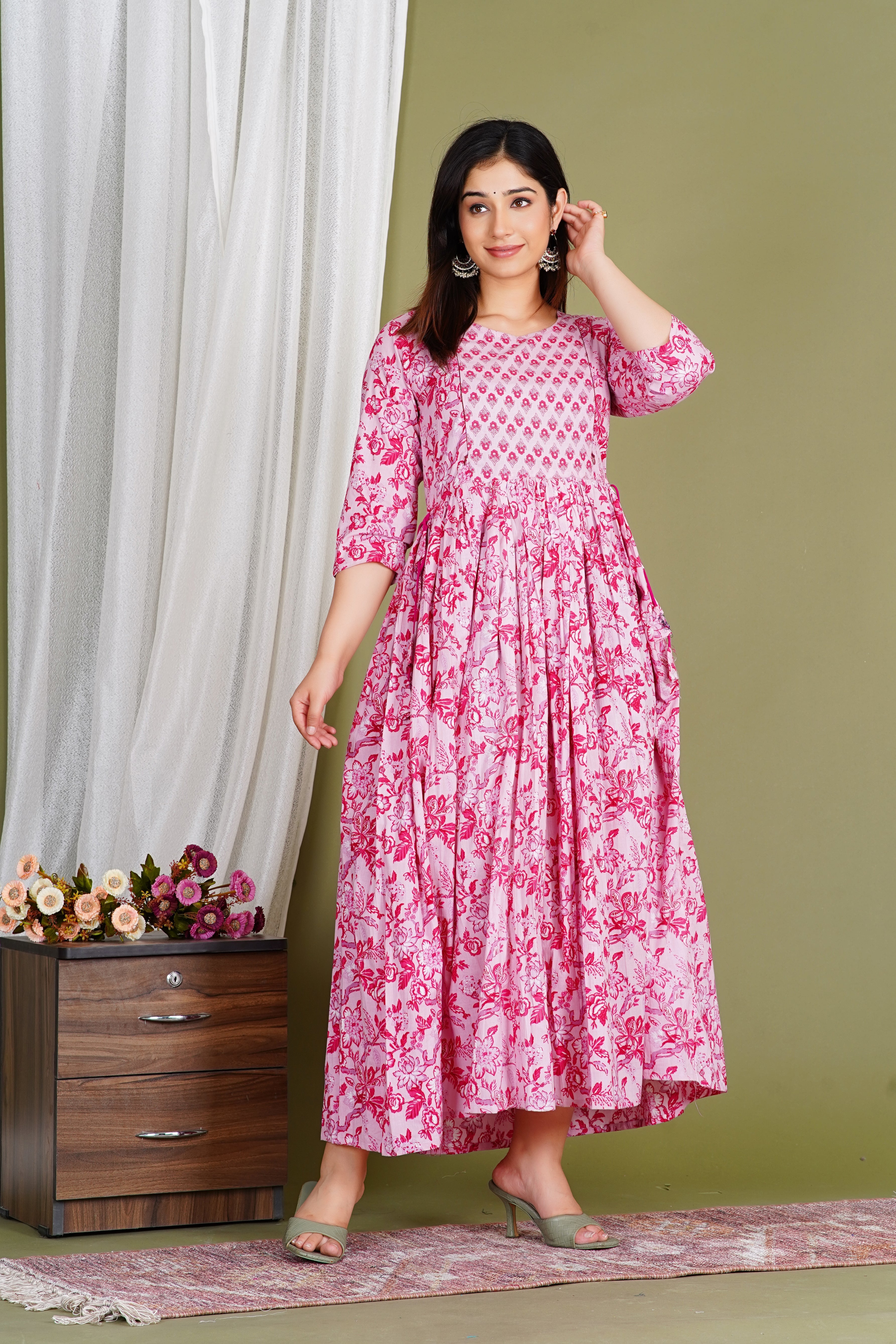 Pink Floral Pure Cotton Maternity & Nursing Dress Wear