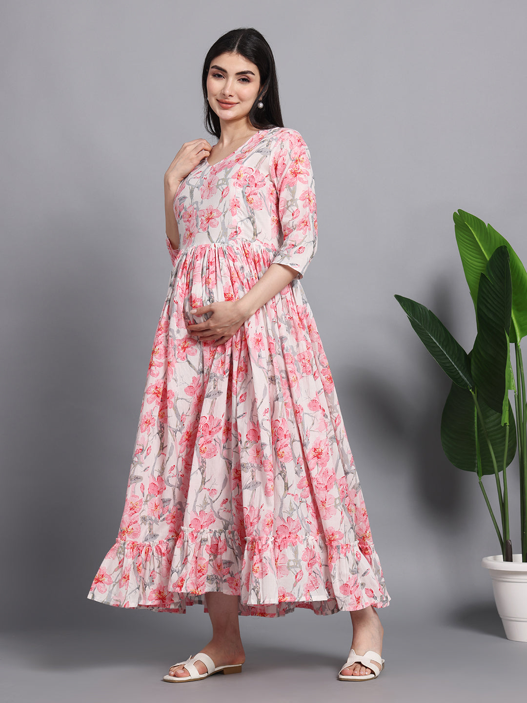 Light Pink Floral Printed Cotton Maternity Kurta for Women
