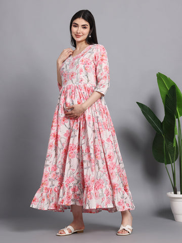 Light Pink Floral Printed Cotton Maternity Kurta for Women