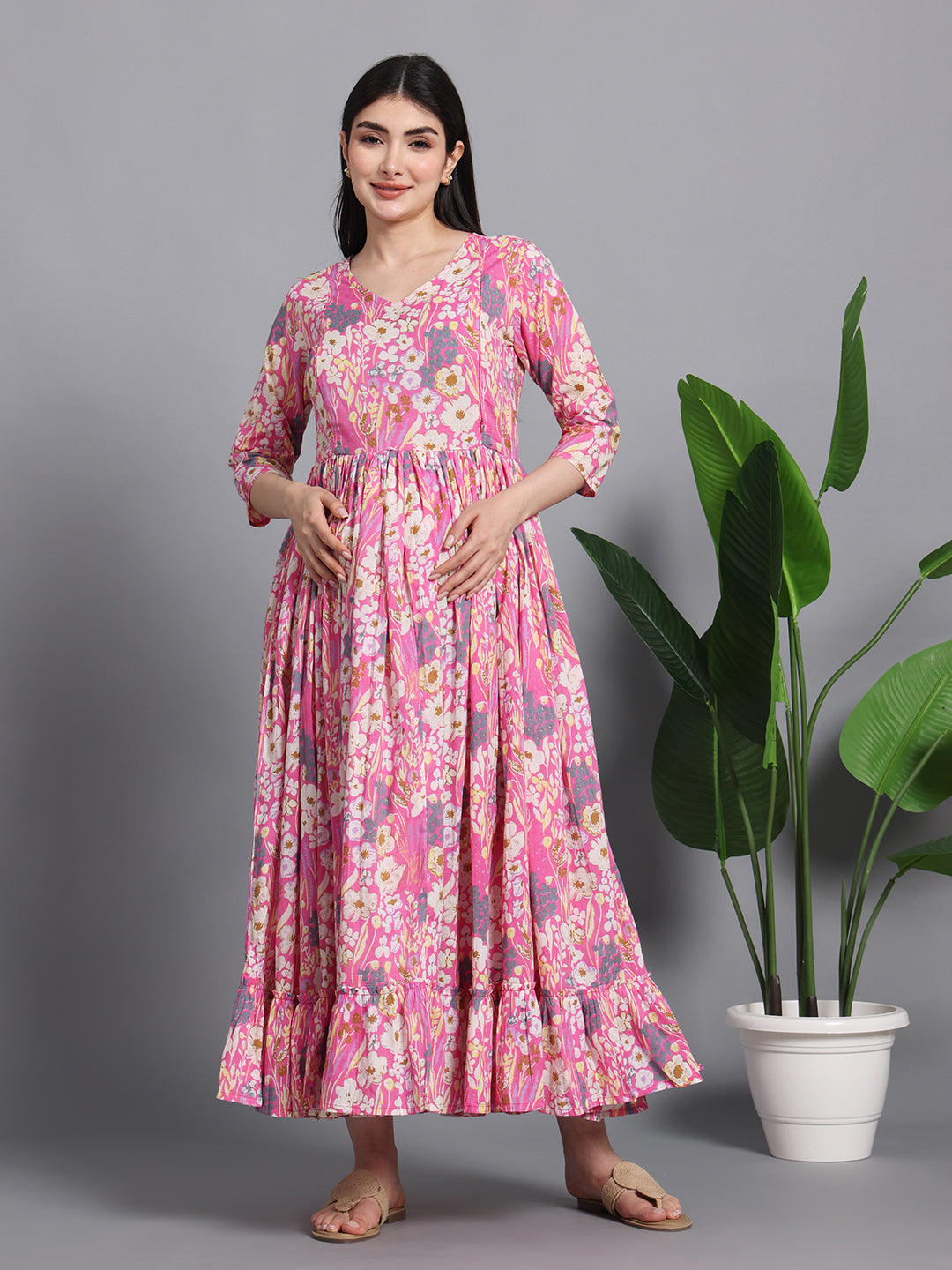 Pink Floral Cotton Maternity Maxi Dress with Ruffle Hem