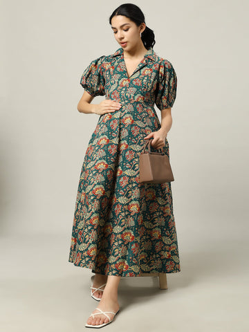 Green Floral Printed Maternity Friendly Midi Dress
