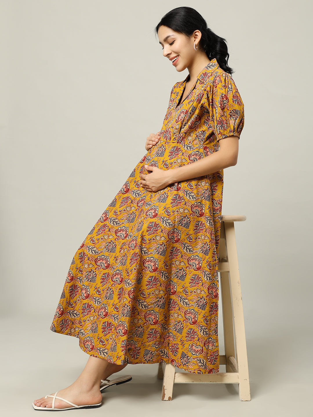 Mustard Floral Printed Maternity Friendly Midi Dress