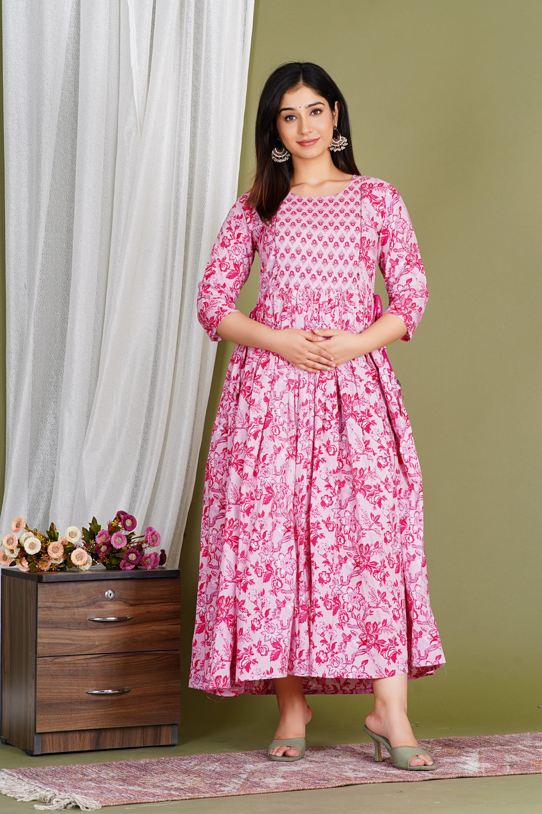 Pink Floral Pure Cotton Maternity & Nursing Dress Wear