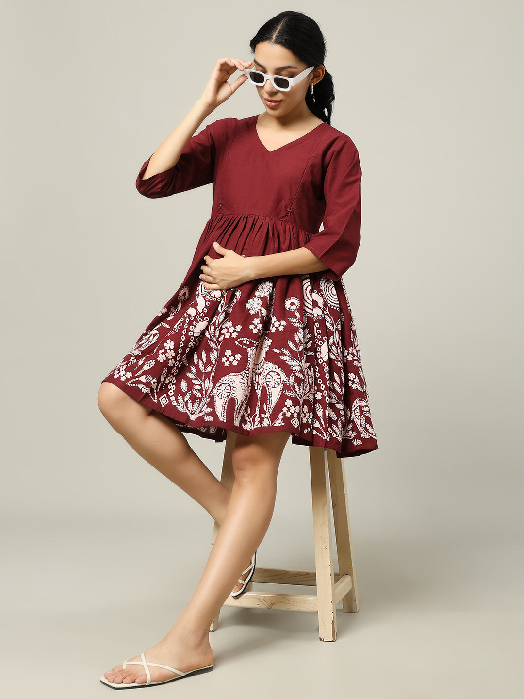Maroon Printed Maternity Friendly Short Dress for Women