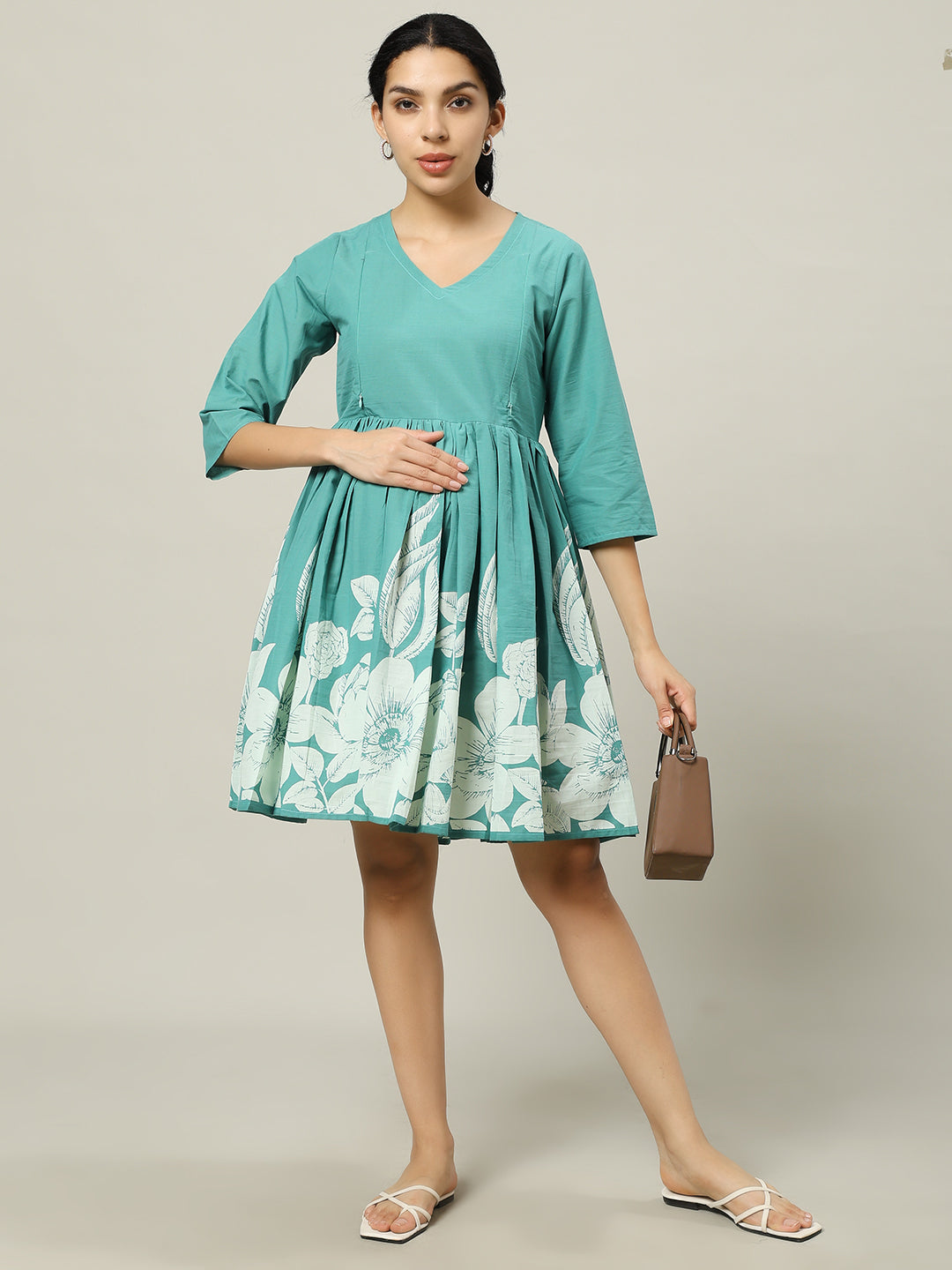 Turquoise Printed Maternity Friendly Short Dress Wear