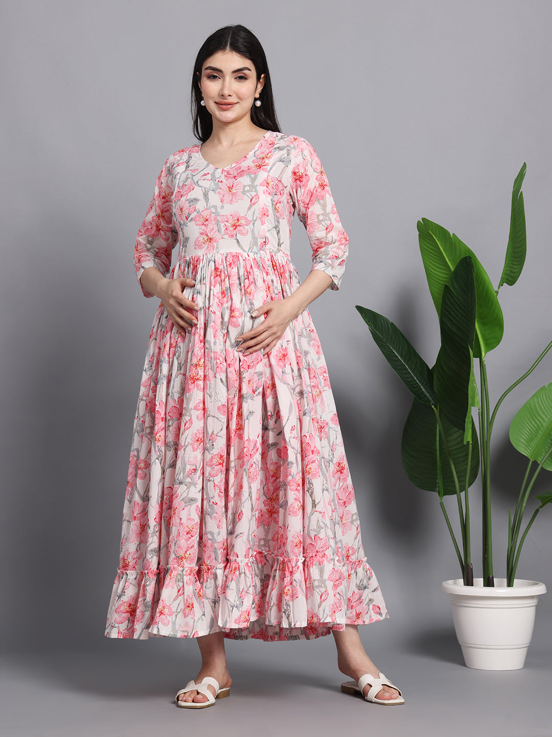 Light Pink Floral Printed Cotton Maternity Kurta for Women