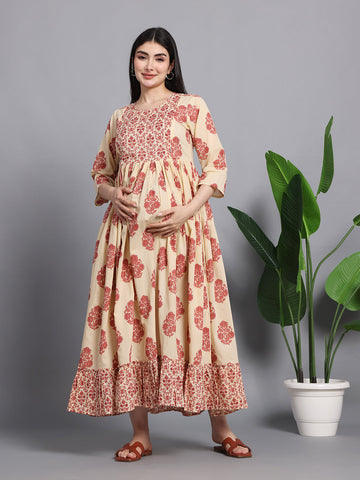 Beige Floral Printed Cotton Feeding Friendly Maternity Kurta