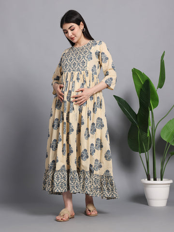 Gujari Jaipur Cream Floral Printed Maternity Kurta