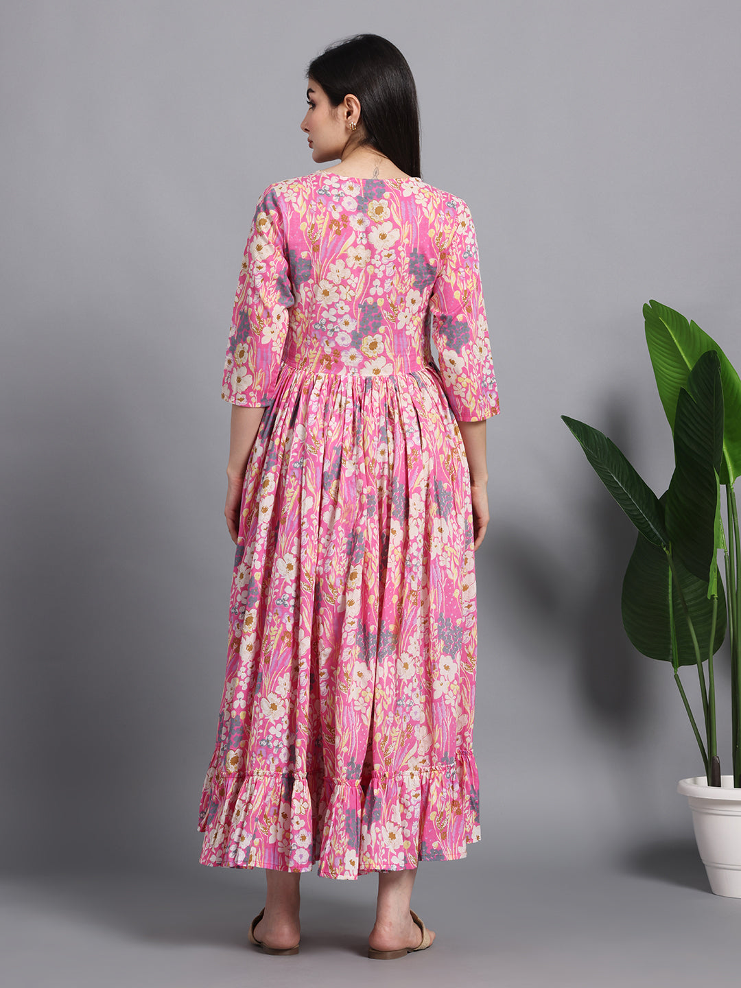 Pink Floral Cotton Maternity Maxi Dress with Ruffle Hem