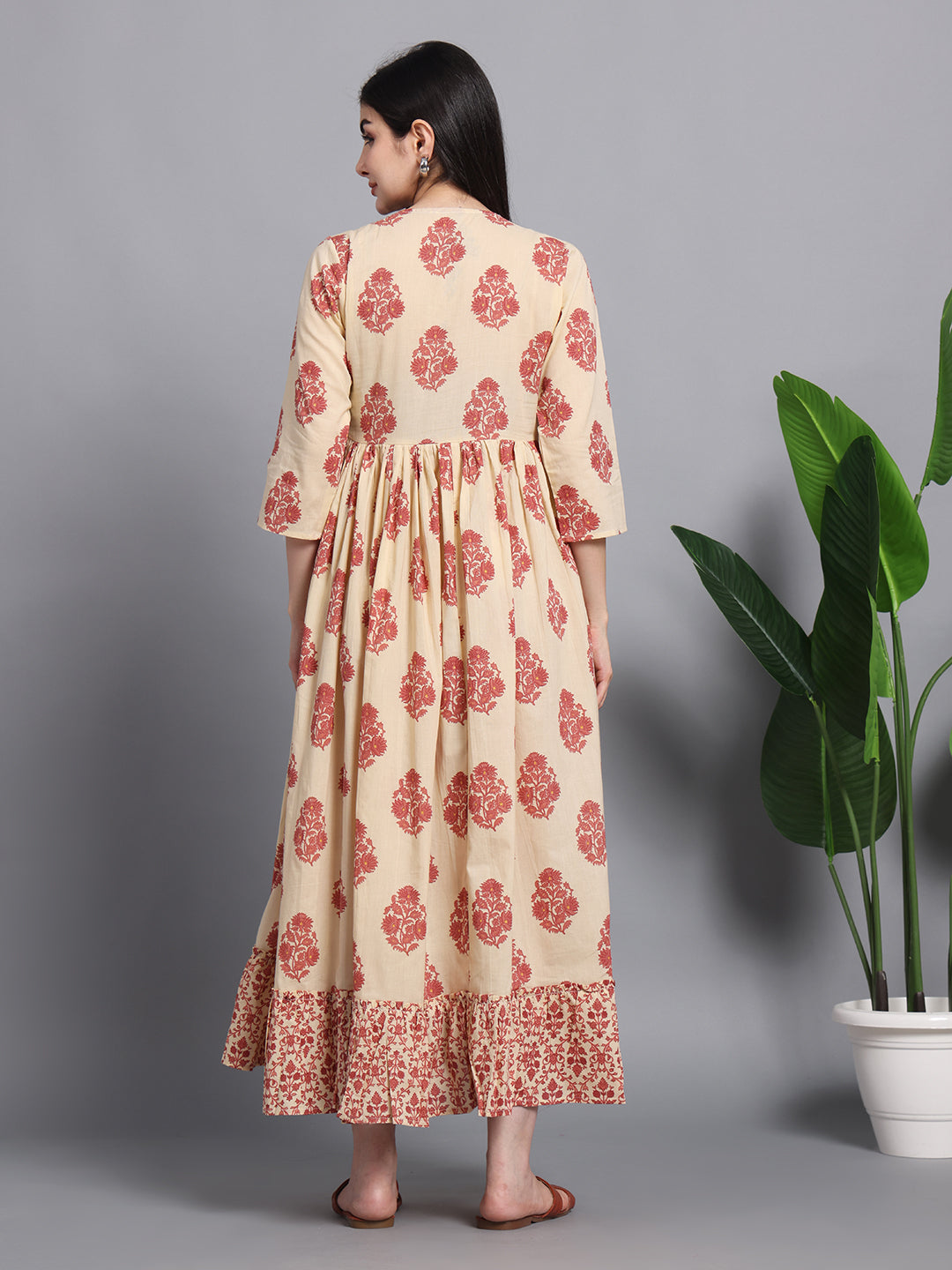 Beige and Maroon Floral Cotton Maternity Maxi Dress