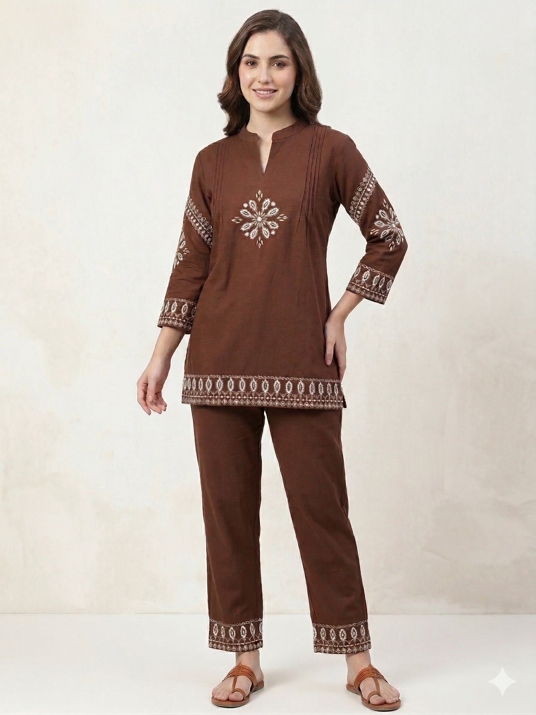 Elegant Brown Cotton Embroidered Tunic and Straight Pant Set
