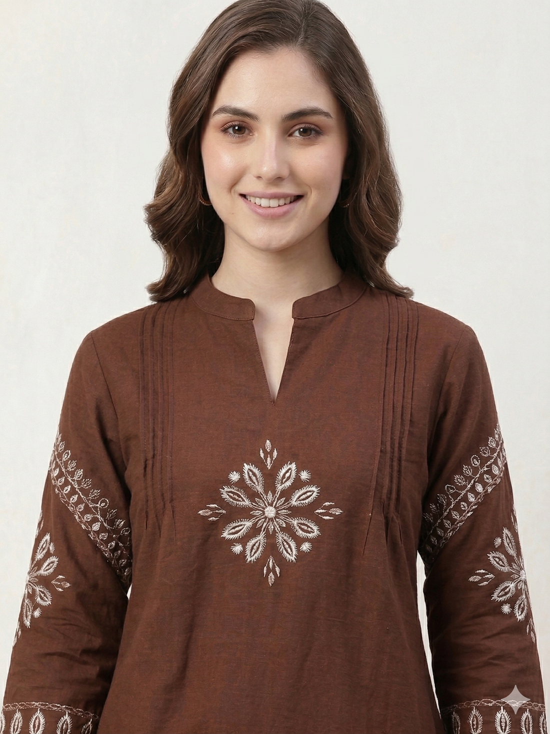 Elegant Brown Cotton Embroidered Tunic and Straight Pant Set