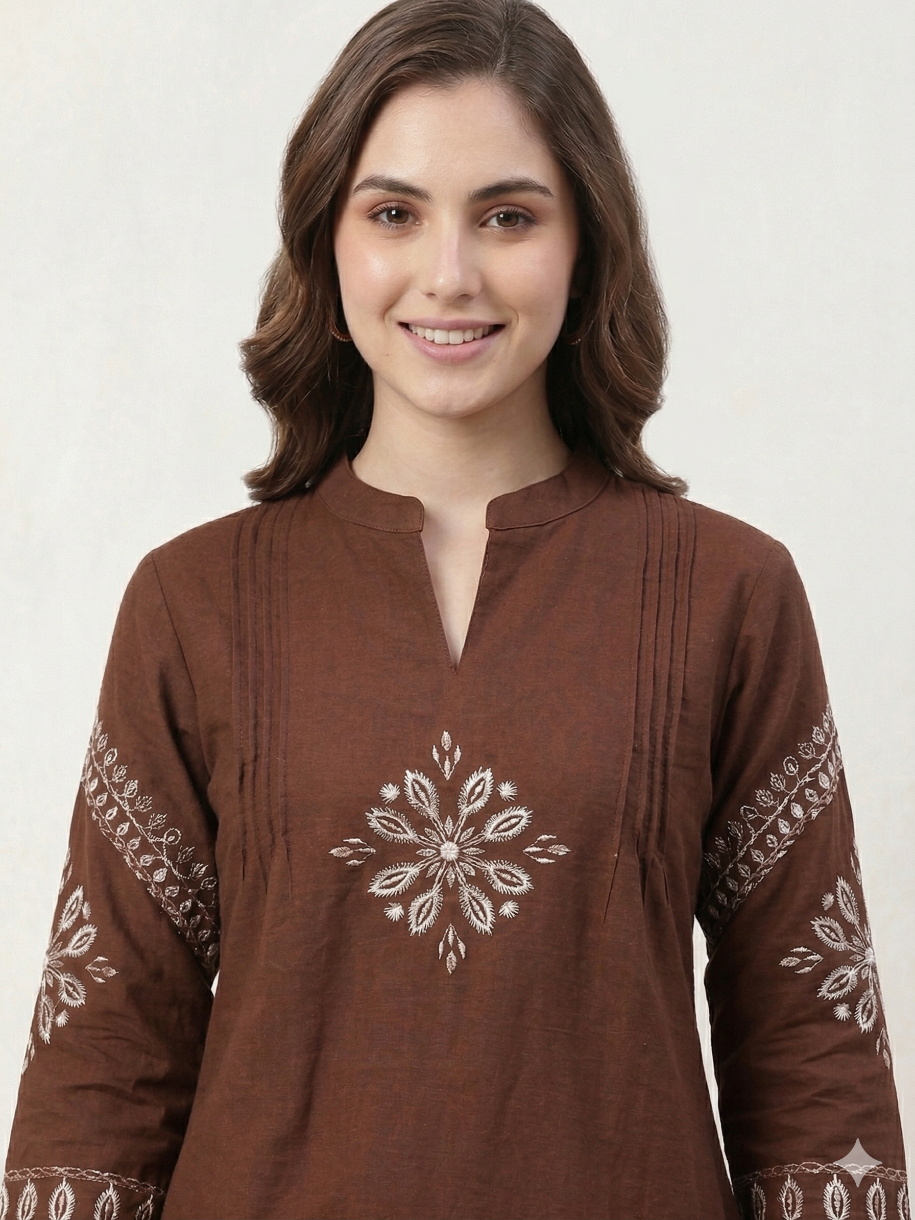 Elegant Brown Cotton Embroidered Tunic and Straight Pant Set