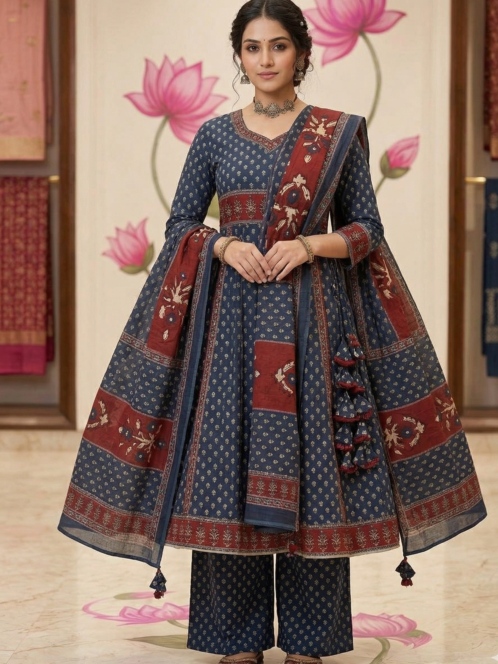 Women's Block Printed Cotton Anarkali Suit Set