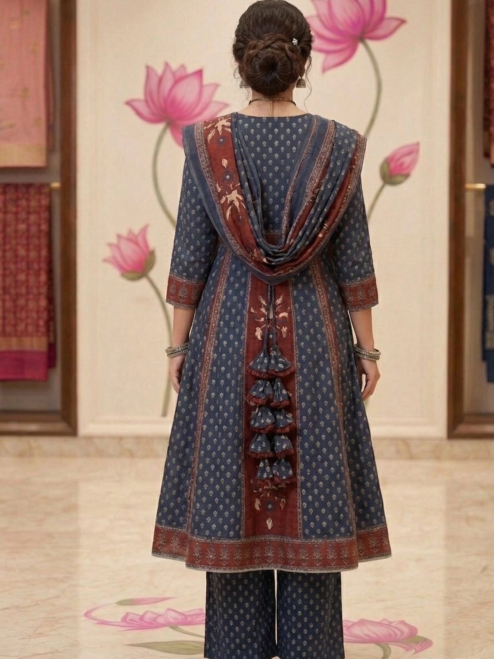 Women's Block Printed Cotton Anarkali Suit Set