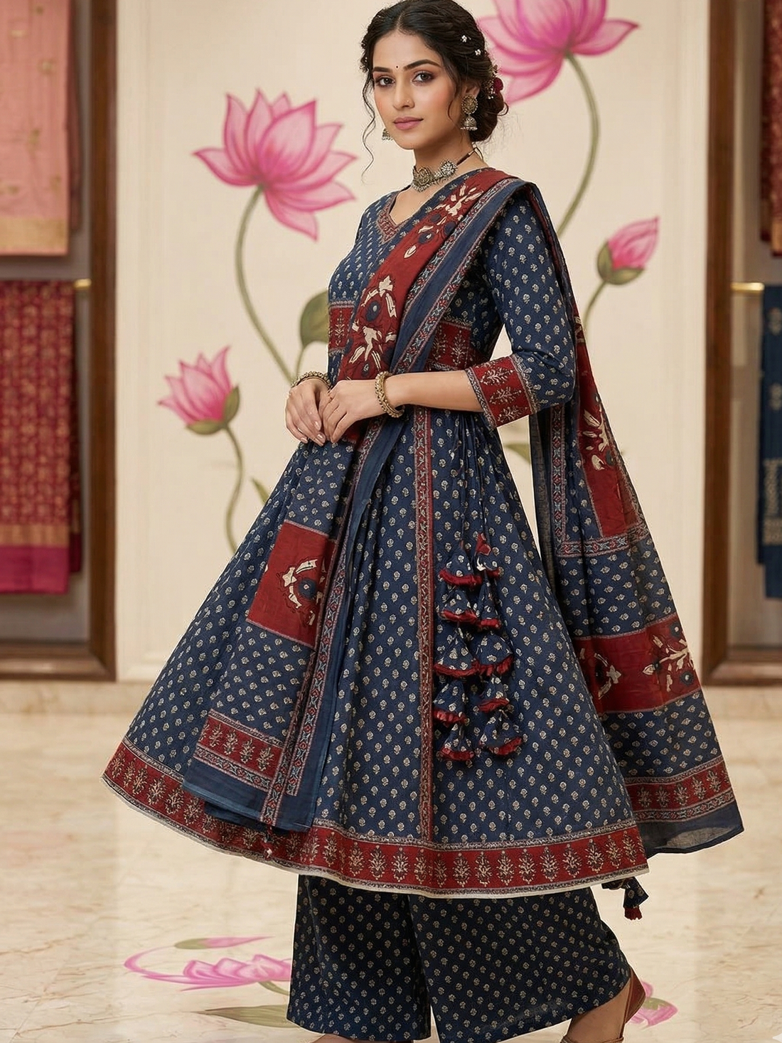 Women's Block Printed Cotton Anarkali Suit Set
