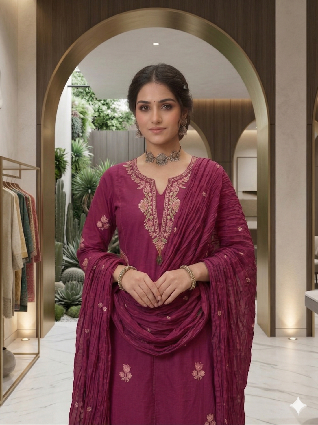 Elegant Magenta Embroidered Kurta Set with Crushed Silk Dupatta