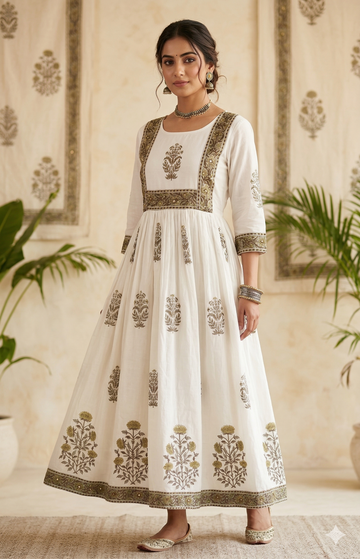 Royal Off-White Hand-Block Printed Anarkali Kurta with Zari Embroidery
