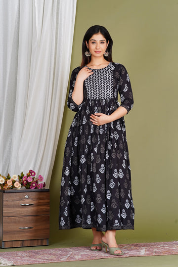 Black Printed Feeding Friendly Maternity Kurta Wear Gujari Jaipur