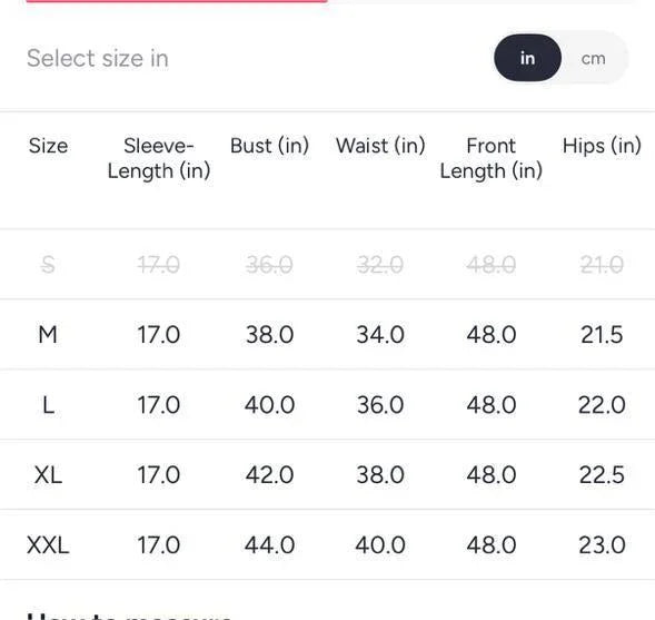 Women's maternity and nursing wear size chart in inches with bust, waist, hips, and sleeve length.