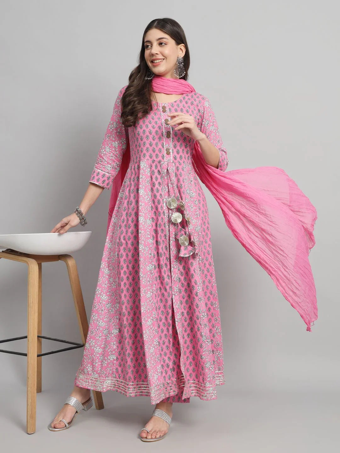 Woman in pink printed maternity kurta set with dupatta, maternity wear fashion